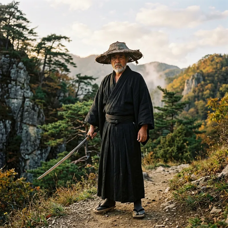 Man in a Black Robe with Straw Hat Holding a Slender Sword