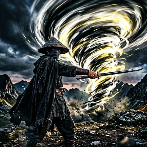 Vietnamese Man in Black Cloak with Traditional Straw Hat and Sword