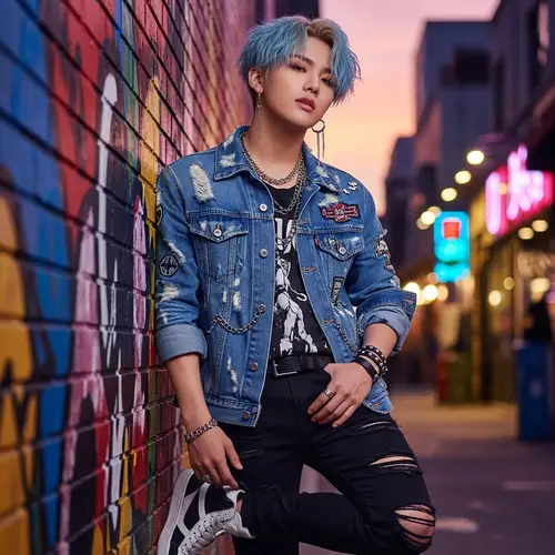 Stylish Korean Idol with Pastel Blue Hair