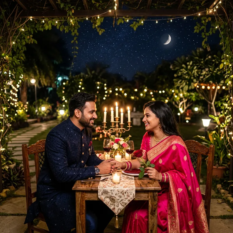 Romantic Indian Man Expressing Love to Woman at Candle-Lit Garden Dinner