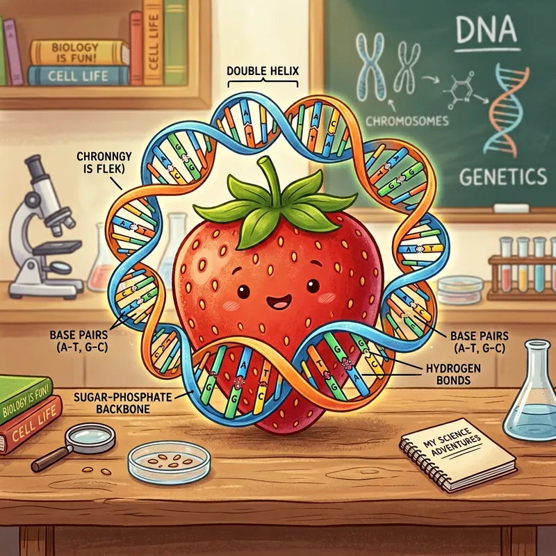 Adorable DNA Strawberry surrounded by DNA Double Helix, Educational Illustration