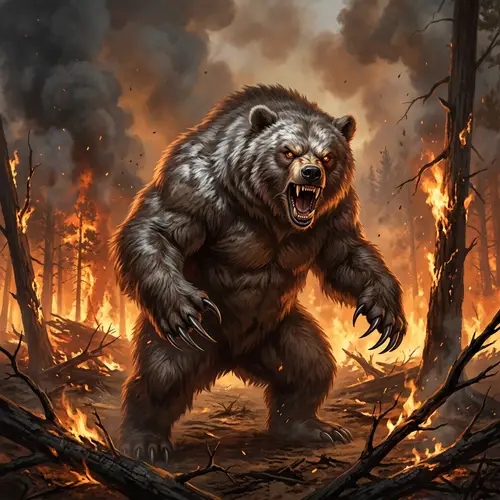 Fierce Bear-Like Fantasy Creature in Fiery Forest Scene