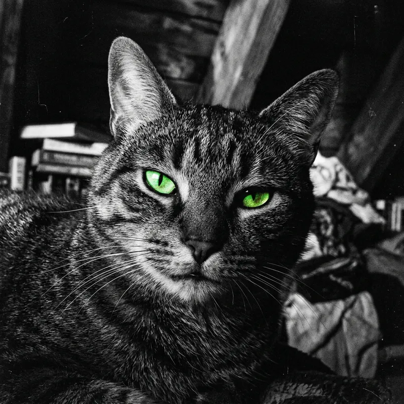 Mischievous Cat with Green Eyes | Black & White Photo