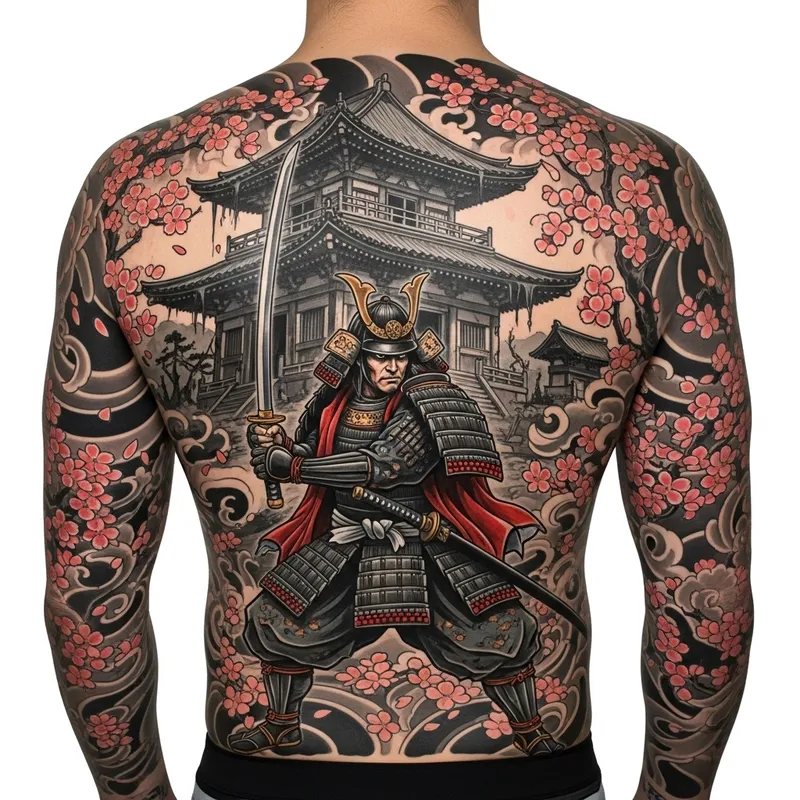 Stylish Japanese Tattoo with Samurai and Cherry Blossom