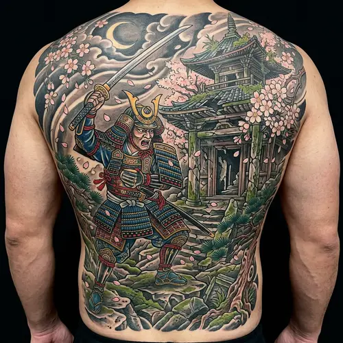 Stylish Japanese Tattoo with Samurai and Cherry Blossom