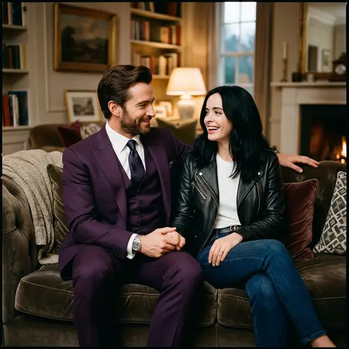 Stylish Couple in Purple Suit and Leather Jacket | Sofa Scene