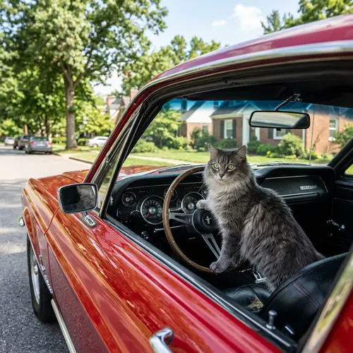 Fluffy Feline Driving Classic Ford Mustang | Suburban Charm