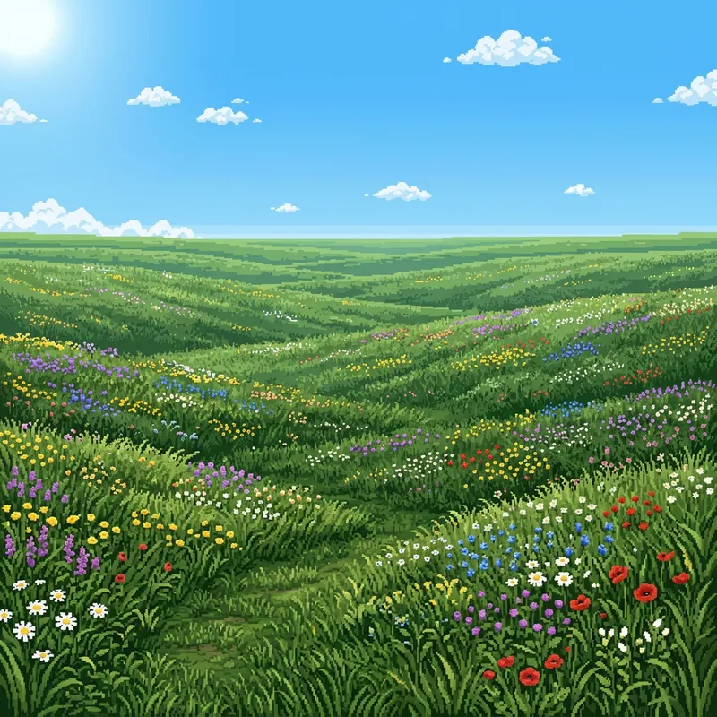 Pixel Art Grass and Flowers - 4K Grassland & Blue Sky