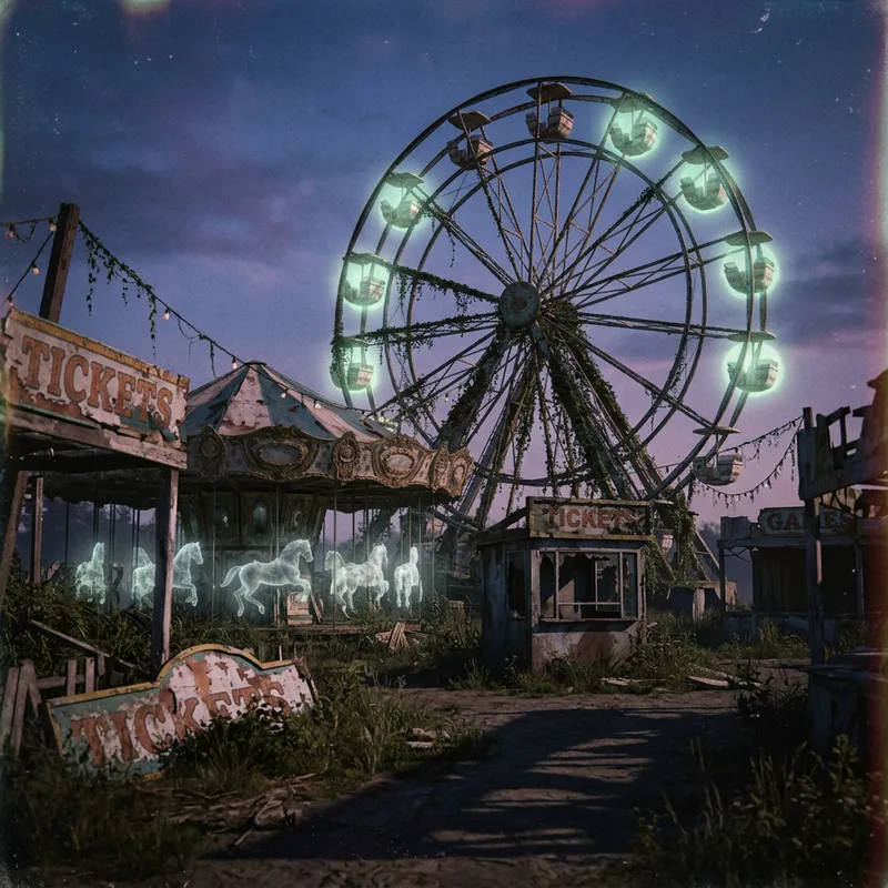 Vintage Surrealist Carnival: Decaying Rides at Dusk
