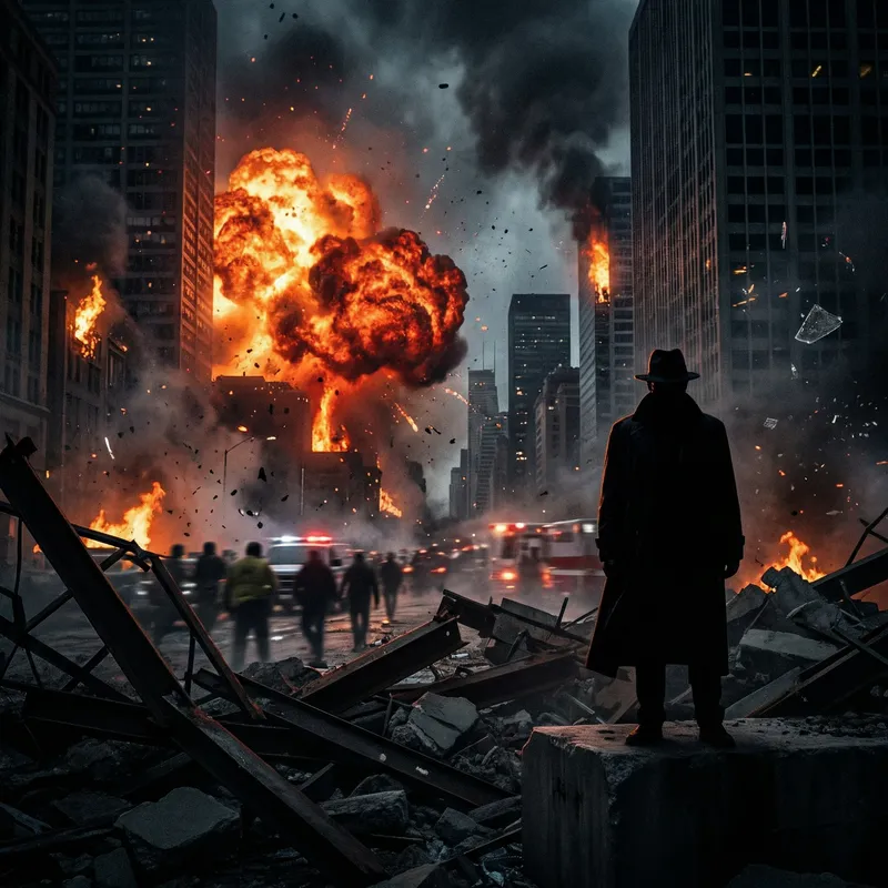 Intense Action Scene: Fireball Explosion in City Chaos