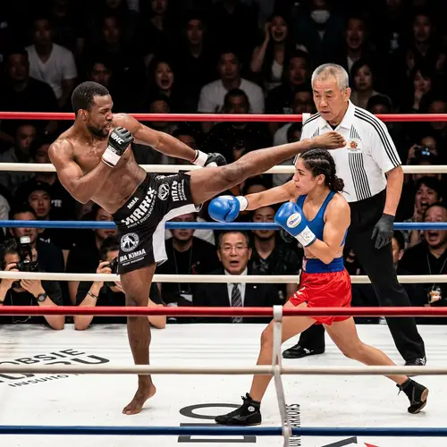 Intense MMA Fight: Black vs Hispanic Boxer in Brightly Lit Ring