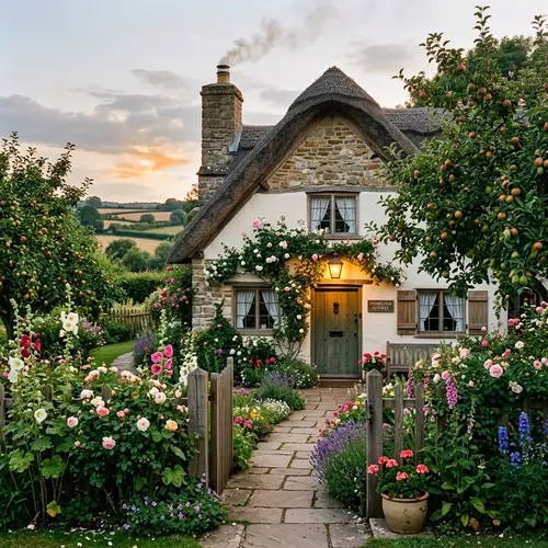 Quaint 18th-Century Countryside Cottage with Gable Roof and Garden