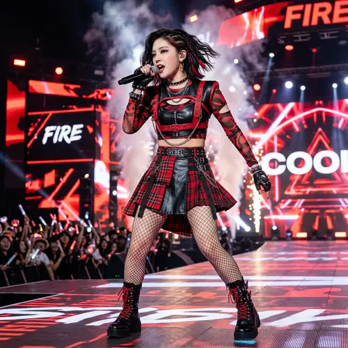 Trendy K-Pop Girl Idol Costume in Red and Black