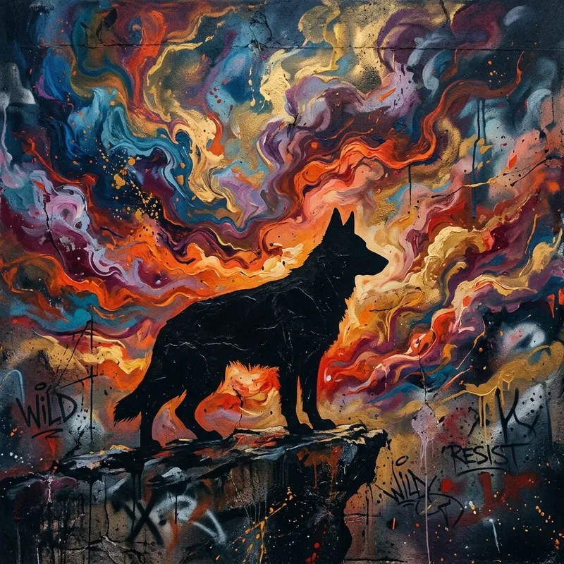 Dog's Silhouette in Graffiti Style Against Cloudy Sky | Realistic Oil & Acrylic Colors Dog's Silhouette in Graffiti Style Against Cloudy Sky | Realistic Oil & Acrylic Colors