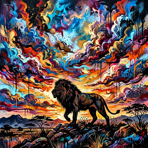 Lion Silhouette Graffiti Sky Art | Colorful High Contrast Image
