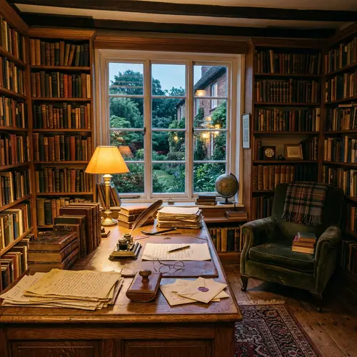 Tranquil Study Room in Old Brick House | Vintage Desk & Bookshelves