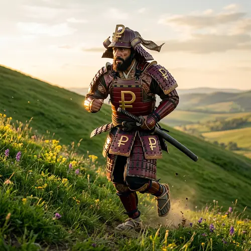 Middle-Eastern Samurai with Russian Ruble Symbols Running on Hillside