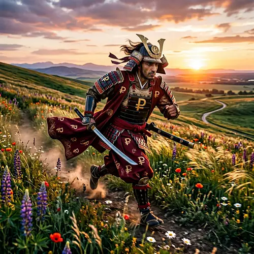 Middle-Eastern Samurai with Russian Ruble Symbols Running on Grass Hillside