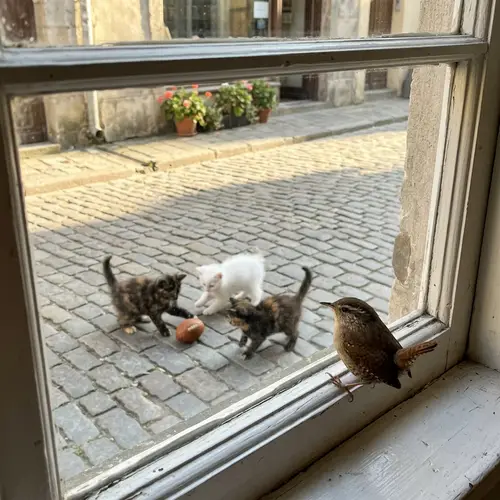 Petite Bird Observing, Kittens Playing | Cute Animal Scene