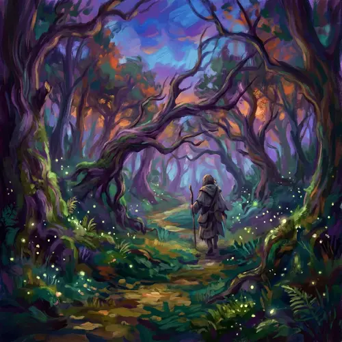 Mystical Twilight Setting in Forest - Impressionism Art Style