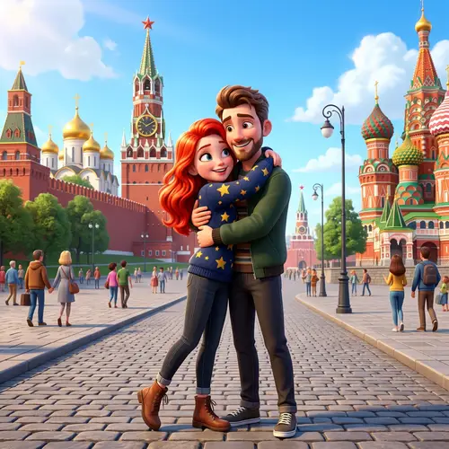 Slim Red-Haired Girl Hugs Brown-Haired Guy at Kremlin - Vibrant 3D Cartoon