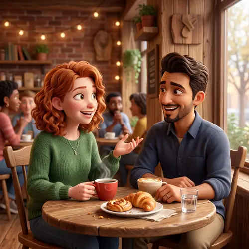 Vibrant 3D Cartoon: Red-Haired Woman & Brown-Haired Man in Cozy Cafe