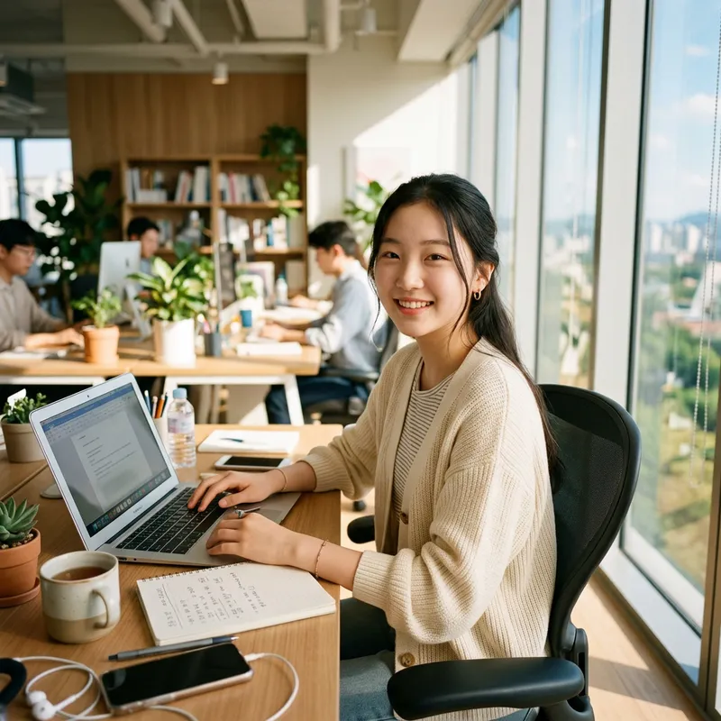 Pale-Skinned Asian Teenage Girl in Sunlit Office