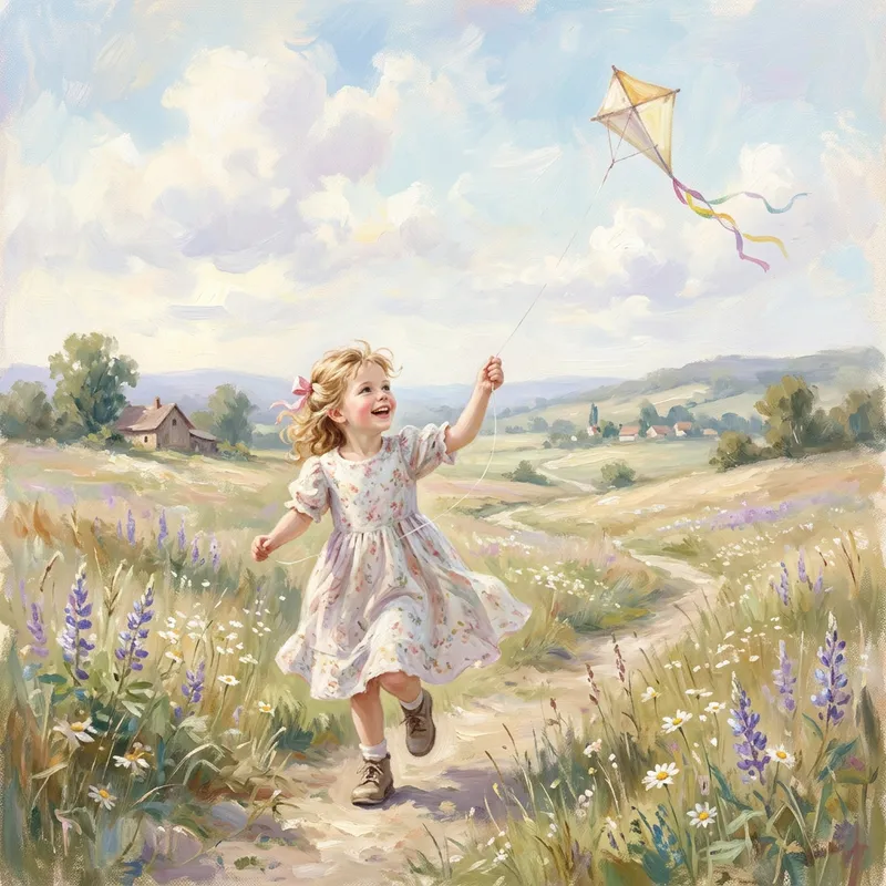 Whimsical Illustration of Young Girl with Kite in Pastel Colors