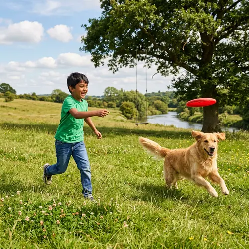 Playful Interaction: Boy and Golden Retriever in Grassy Field