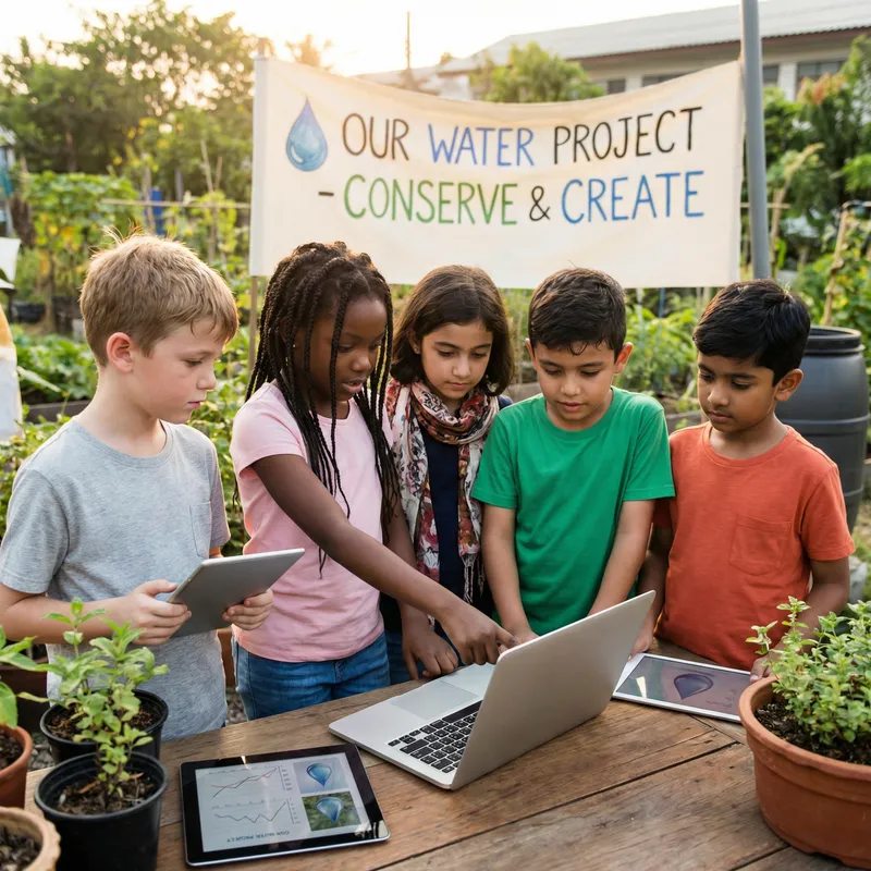 Happy Kids Saving Water with Technology | Culturally Diverse Group