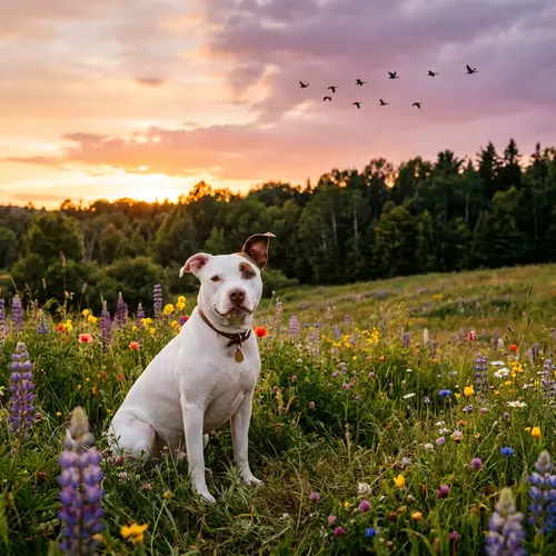 Sweet White Pitbull at Sunset in Wildflower Field