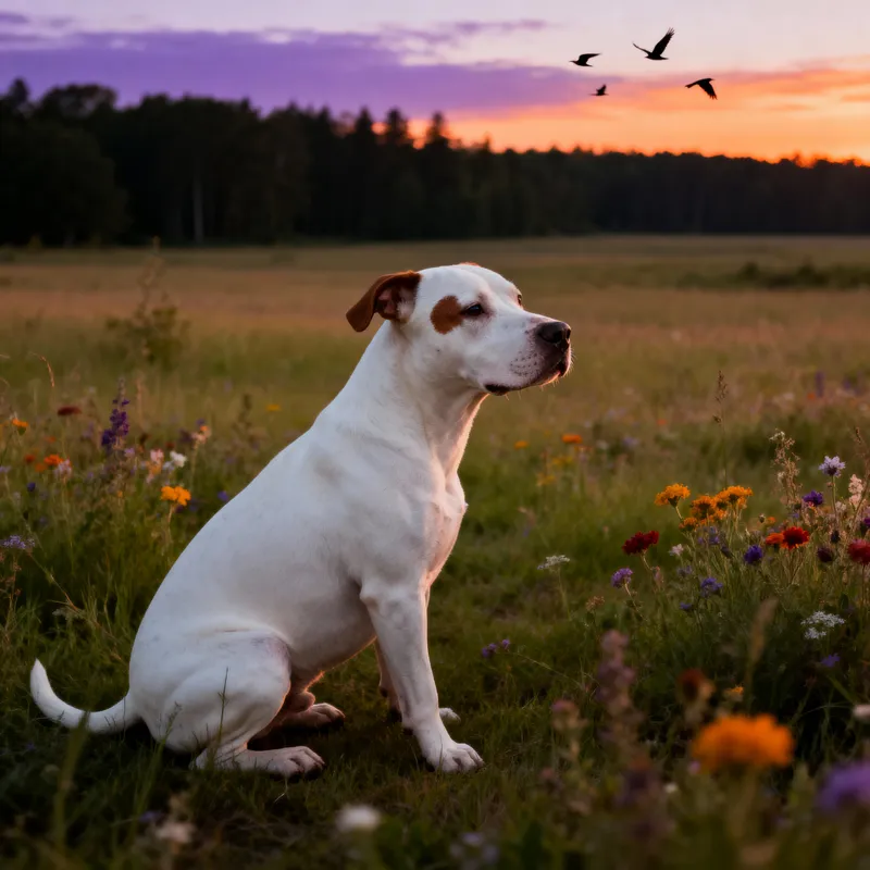 Sweet White Pitbull at Sunset in Wildflower Field