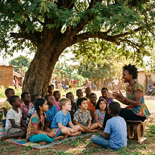 African Woman Storytelling Under Tree - Cultural Tradition