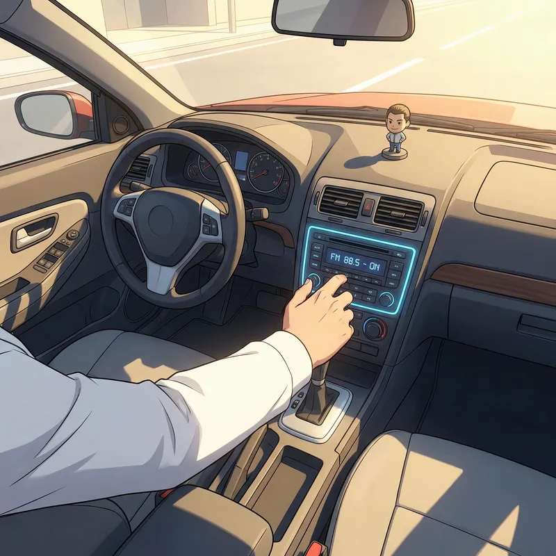 Anime 3D Car Cabin - Man's Hand in White Shirt Turning on Radio Anime 3D Car Cabin - Man's Hand in White Shirt Turning on Radio
