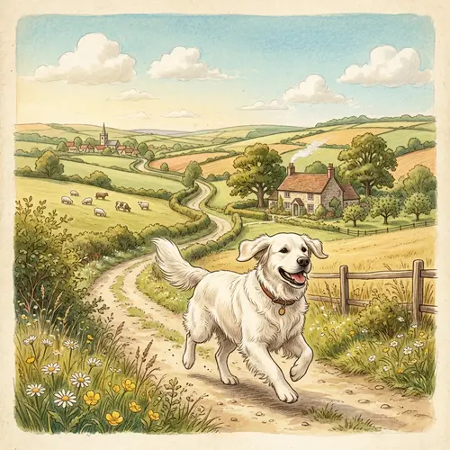 Vintage White Golden Retriever in Sunlit Countryside