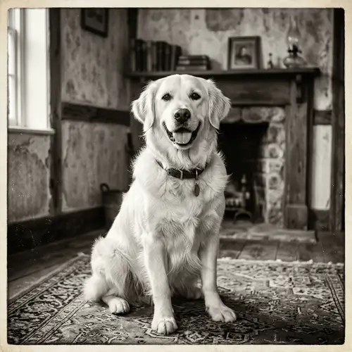 Vintage White Golden Retriever in Black and White