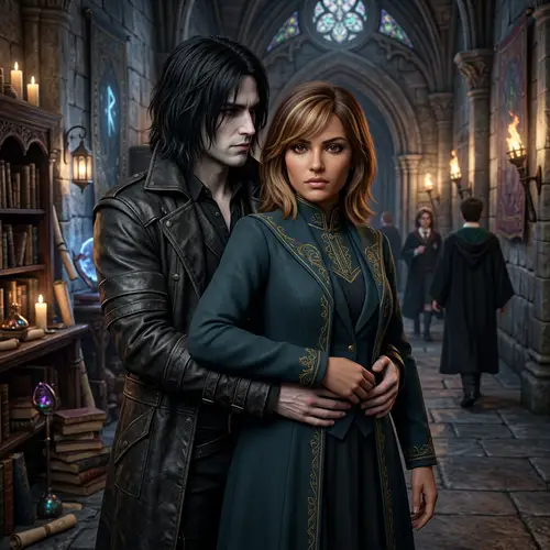 Beautiful Female with Brown Eyes and Chestnut Hair Embraced by Mysterious Man