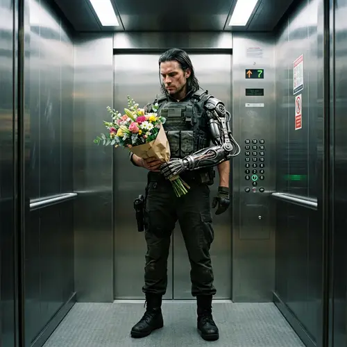 High-Tech Soldier with Colorful Flowers in Elevator