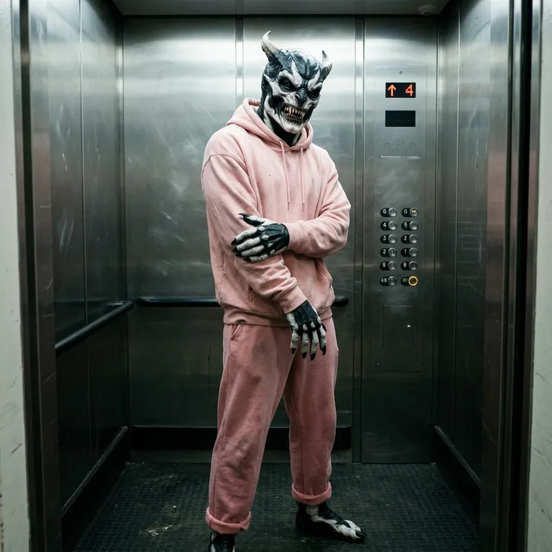 Menacing Extraterrestrial in Elevator with Pink Clothes