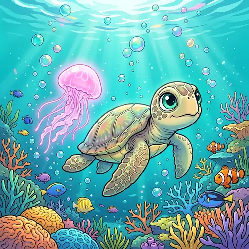 Enchanting Scene: Juvenile Sea Turtle & Pink Jellyfish