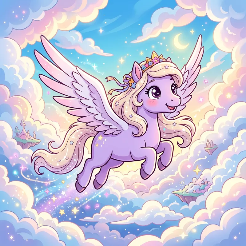 Whimsical Pegasus Soaring Through Clouds Whimsical Pegasus Soaring Through Clouds