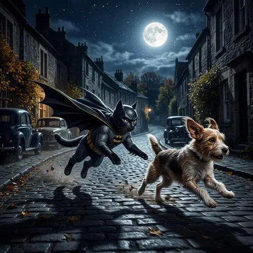 Batman Cat Chasing Dog at Night | Comic Book Superhero Scene