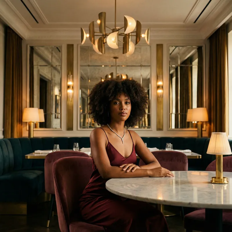 Luxurious Art Deco Dining Room with Young African Woman in Red Gucci Dress
