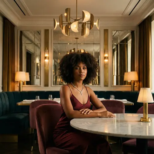 Luxurious Art Deco Dining Room with Young African Woman in Red Dress