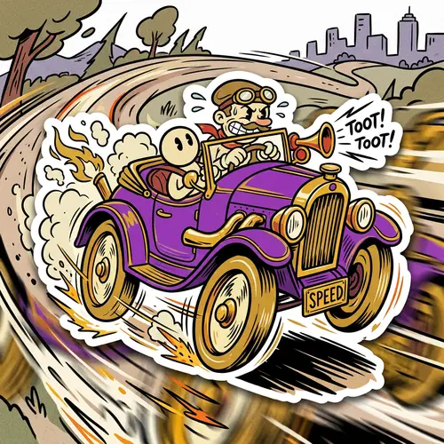 Vibrant Rubber Hose Animation Vector Sticker in Purple & Gold Colors