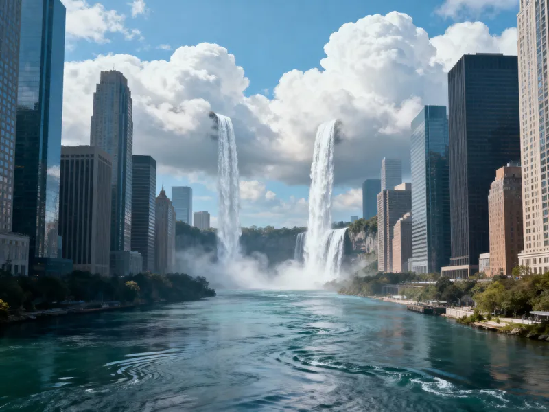 City with Skyscrapers and Mysterious Waterfalls