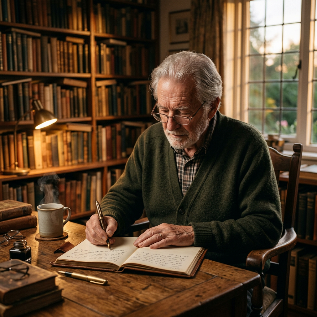 An older man writing his thoughts in a journal at a wooden desk surrounded by books