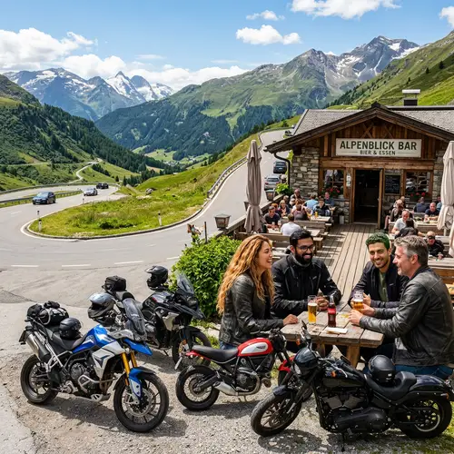 European Landscape with Curvy Mountain Roads and Lively Bar Scene