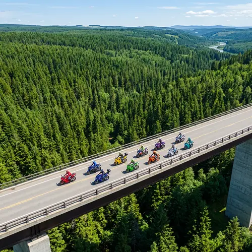Aerial View: Vibrant Bikers over Lush Forest
