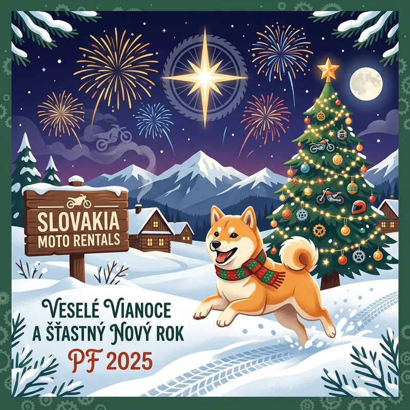 Slovakia Motorcycle Rental Company New Year's Greeting Card with Shiba Inu